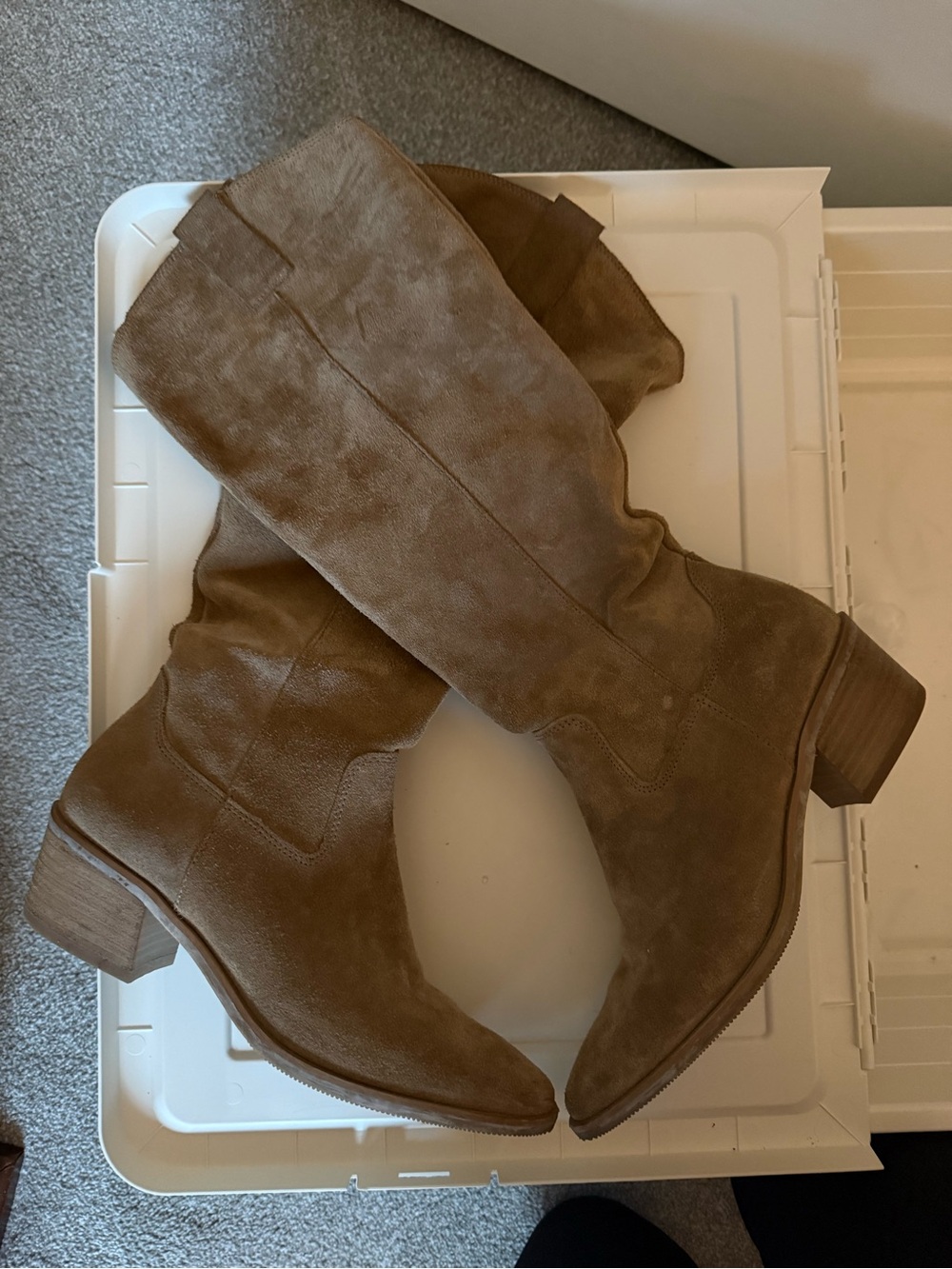 Suede Tall Knee-High Heeled Boots in Tan